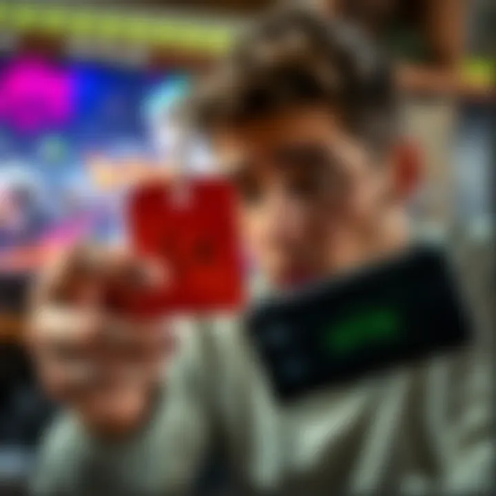 Game review with money A person holding a game console while looking concerned at a price tag marked 5โฌ. The background shows a gaming setup.