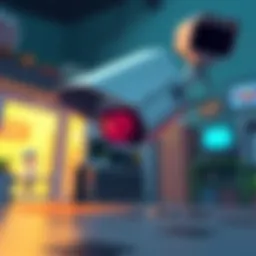 A digital illustration showing a cartoon-style security camera with exaggerated features watching a character sneaking around in a video game setting.