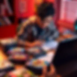 A person looking at multiple game cases on a table, considering which game to play next for 100% completion, with notes and a laptop in the background.