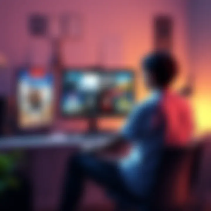 A person sitting at a desk, browsing different games on a computer, with summer sale banners on the screen