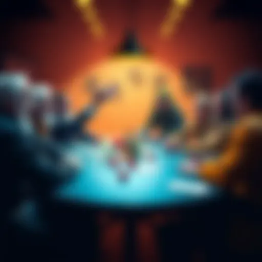 A group of players around a table, laughing with dice and game sheets, while the DM gestures animatedly about military majors, mistaking the term for magical mages.