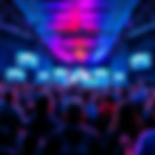 Group of excited gamers watching a live game showcase with screens displaying game trailers and announcements