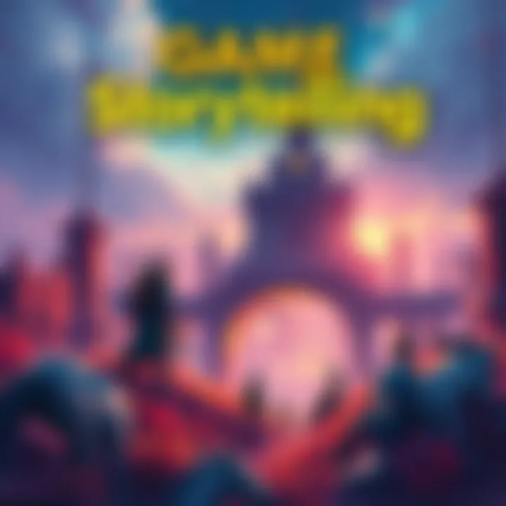 Game Storytelling A colorful illustration showing a fantasy landscape with characters engaged in a story, highlighting the creativity of game writing.