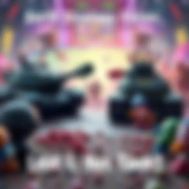 A player decides between attacking a self-healing tank and squishy characters in a game setting, with a colorful battlefield in the background.