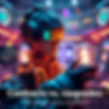 Game strategy for upgrades and contracts A character in a futuristic game environment weighing options between contracts and upgrades, with icons representing upgrades and contracts visible