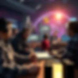 A group of game designers discussing and sketching ideas for game development, showcasing a mix of simple graphics and mechanics strategy