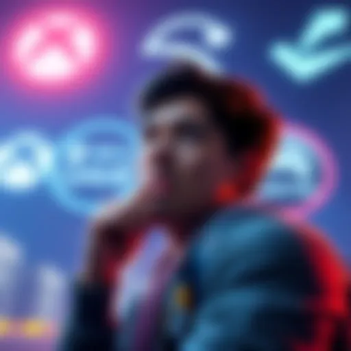 Game Subscription Choices A gamer contemplating the decision between cancelling Ultimate or switching to PC Game Pass, with logos of both services in the background and a thoughtful expression.