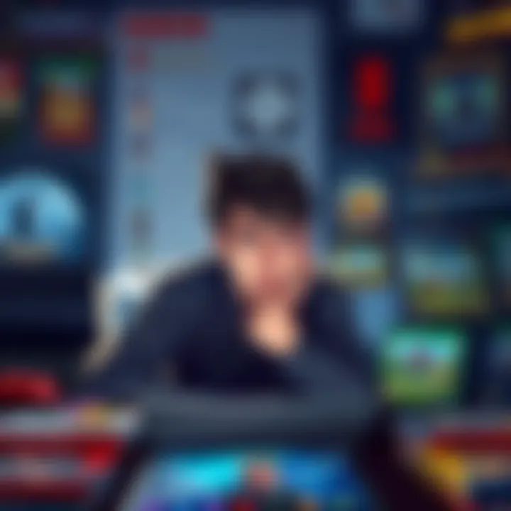 A person looking frustrated while browsing game recommendations on a forum, surrounded by game cases and a laptop showing game listings.