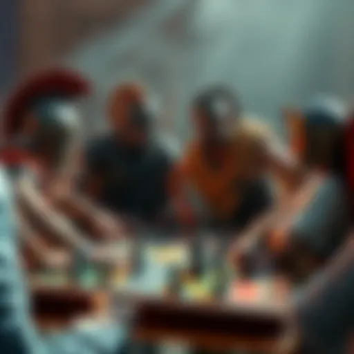 Two groups representing Spartans and Athenians strategizing over a game board, with players engaged in discussion about their roles and objectives.