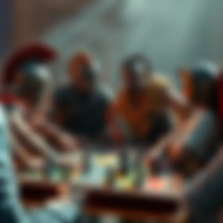 Two groups representing Spartans and Athenians strategizing over a game board, with players engaged in discussion about their roles and objectives.