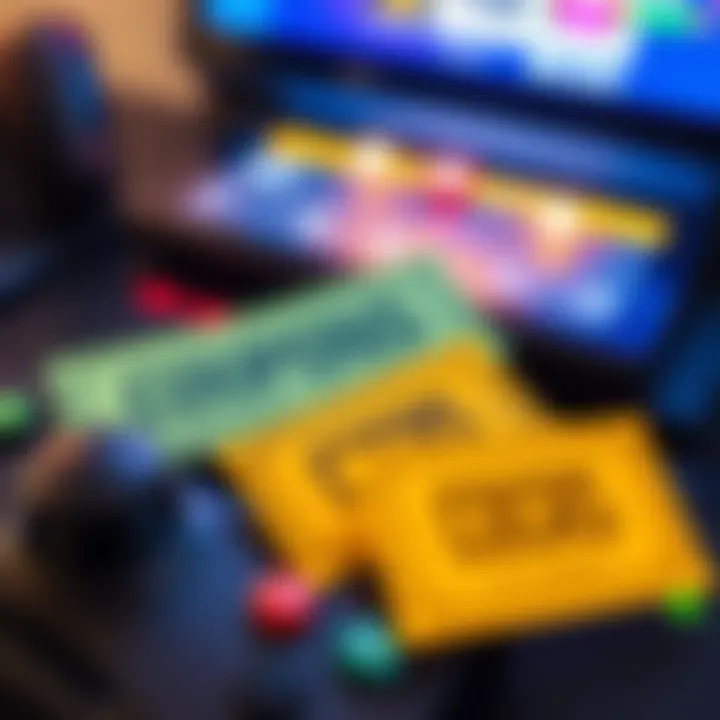 A collection of green and yellow game coupons along with rebirth tokens displayed on a gaming console