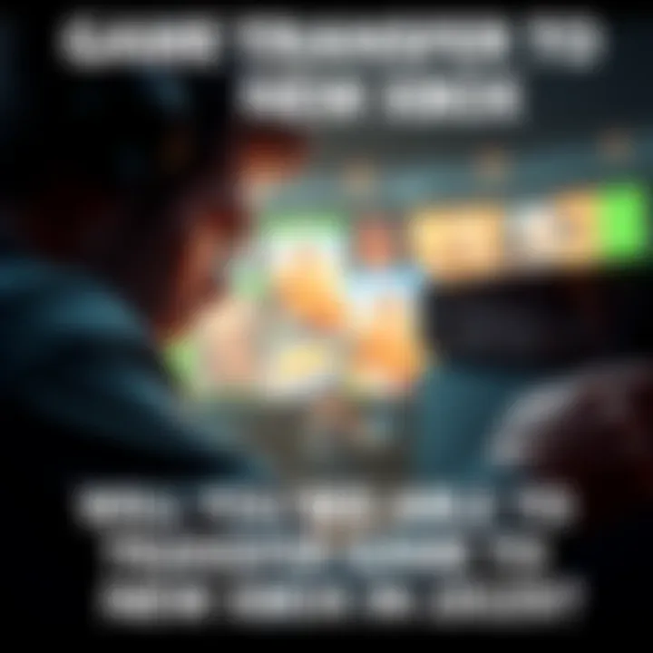 Game Transfer to New Xbox A gamer looks at two Xbox consoles with game discs and add-ons between them, hinting at a transfer process.