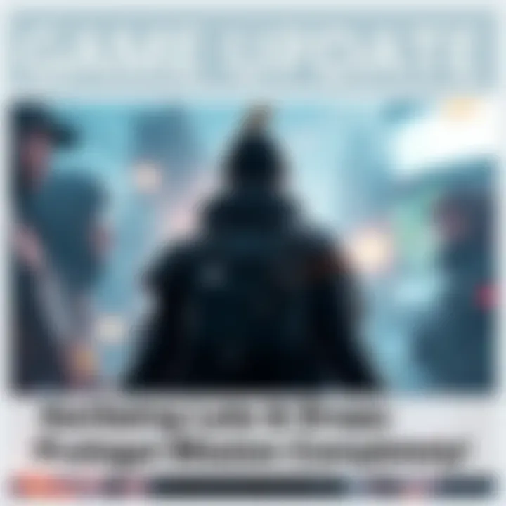 Graphic showing a game update notice with a character cutscene background