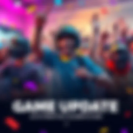 Players celebrating the game update with excitement and joy, showcasing game elements and offerings