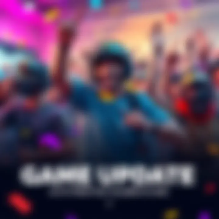 Players celebrating the game update with excitement and joy, showcasing game elements and offerings