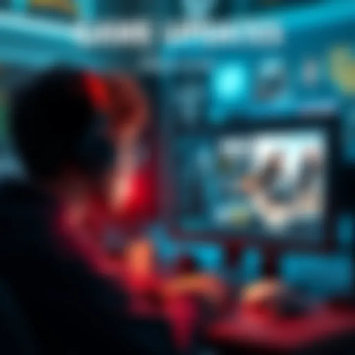 Game Updates Preview A scene showing a gamer looking at a computer screen displaying news about game updates and changes in Infinite.