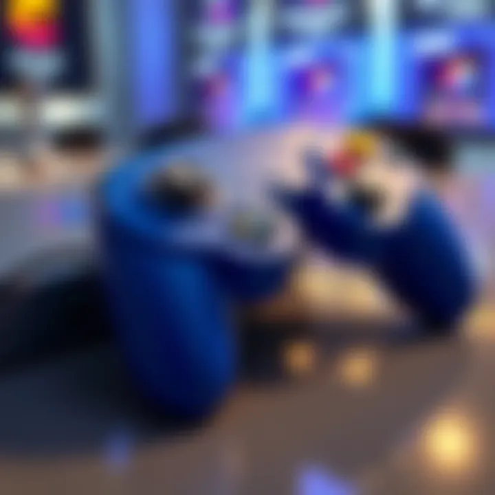 GameCube controller on display A bright blue GameCube controller resting on a table, showcasing its classic design and buttons