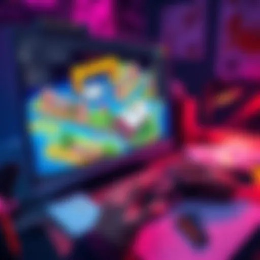 A gamer designing a colorful and detailed playable map on a computer screen, with tools and sketches nearby.