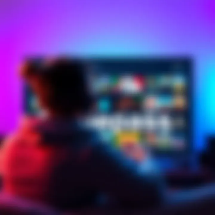 A gamer enjoying a wide selection of video games on a screen with subscription icons around them