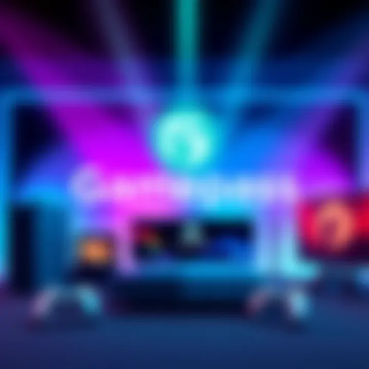 Illustration showing Gamepass Core and Ultimate logos with gaming consoles and devices in the background