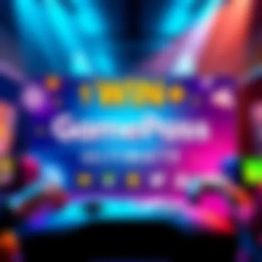 A colorful graphic showcasing a raffle for a free month of GamePass Ultimate with gaming icons and comment prompts.