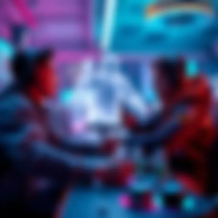 Gameplay Encounter Two strength enthusiasts playing a game, one surprised by a ghostly figure mimicking their movements, in a colorful gaming environment.