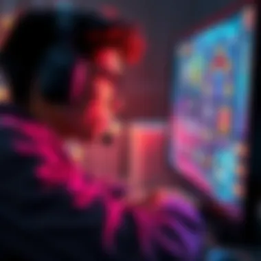 Gameplay Strategy in Herald 1 A player focused on improving their rank in a video game, strategizing their next move on a digital screen, surrounded by icons of teamwork and skill enhancement.