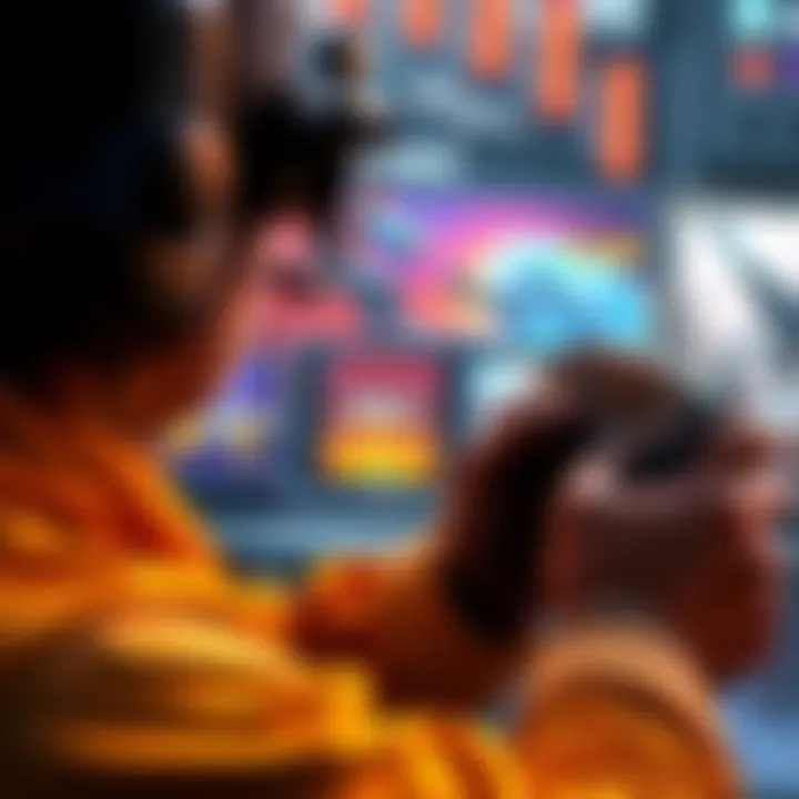 A gamer focused on a screen showing gameplay mechanics with weapons and levels.