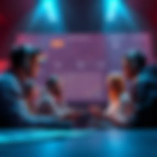 A group of people discussing game strategies and weapon balance with charts and graphics in the background