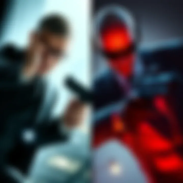Gameplay Comparison of 007 and Hitman A side-by-side view of characters from 007 First Light and Hitman series in action sequences, showcasing stealth gameplay mechanics.
