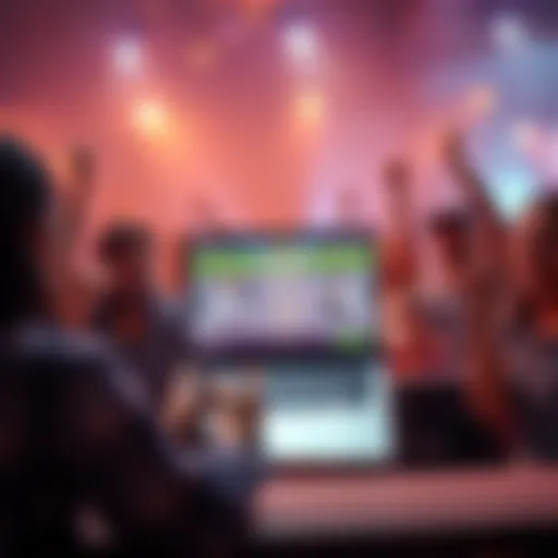 A person playing the game Guess on a laptop, surrounded by friends cheering and watching, showcasing excitement and competition.