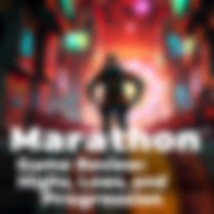 Gameplay in Marathon A player character in Marathon runs through a vibrant game environment, showcasing action and excitement during a challenging level, with colorful graphics and inventory items visible.