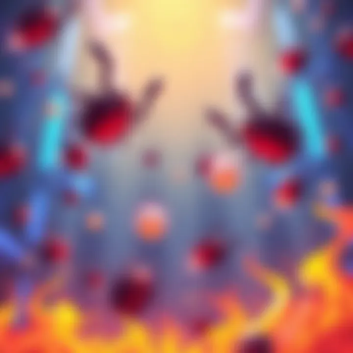 An illustration showing Pops, Fireballs, and ticks in a game setting, highlighting their mechanics and interactions.