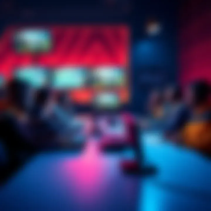 A group of gamers discussing strategies for warframing at a table, with monitors showing gameplay in the background.