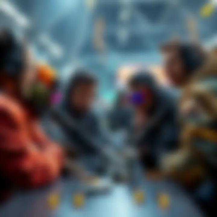 Gameplay Strategies A group of players discussing strategies in a multiplayer shooter game, highlighting teamwork and planning for early and mid-game stages.