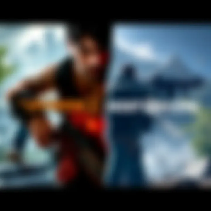 A split-screen view of intense gameplay from The Division 2 and Ghost Recon games, showing characters in action with urban and natural environments