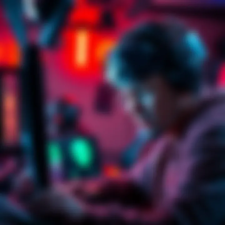 A gamer focused on completing the 'Liquidate the Union' mission in a video game, showcasing intense expressions and a wild gaming setup with colorful lights.