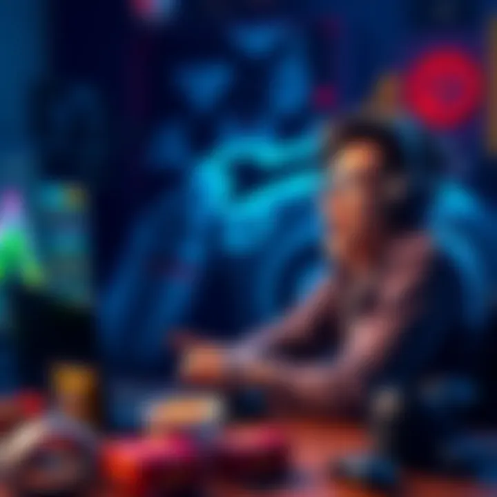 A gamer looks excited after reaching a milestone in a game during a long play session, surrounded by snacks and gaming gear.