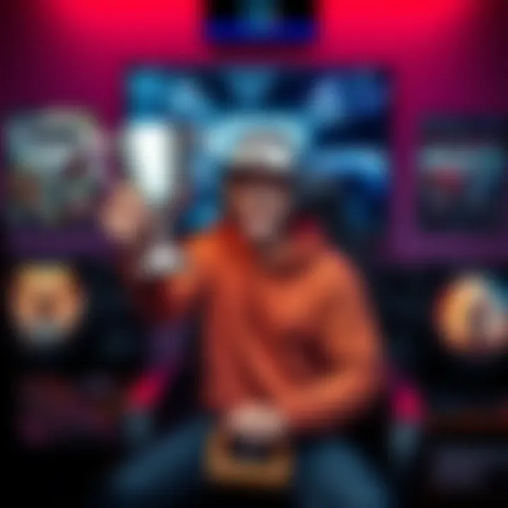 A gamer celebrating after completing all challenges in a video game, holding a shiny platinum trophy in hand, surrounded by game posters and a gaming console setup.