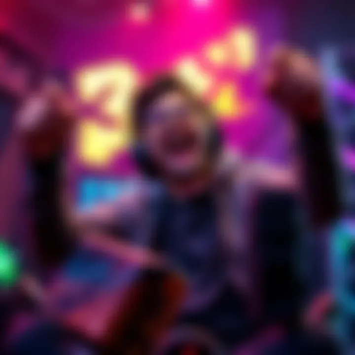 A gamer celebrates after completing a challenging achievement in a video game, showing excitement with a controller in hand.