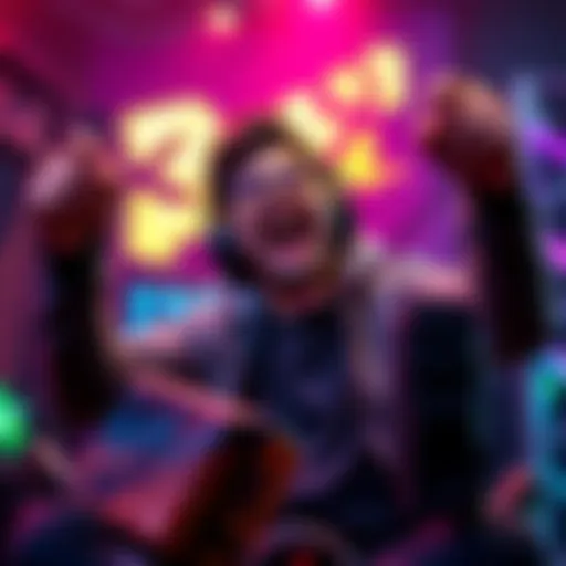 Gamer Achieving Success A gamer celebrates after completing a challenging achievement in a video game, showing excitement with a controller in hand.