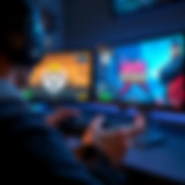 A gamer focused on adjusting aim settings on two screens, one displaying Overwatch and the other Marvel Rivals, with a controller in hand.