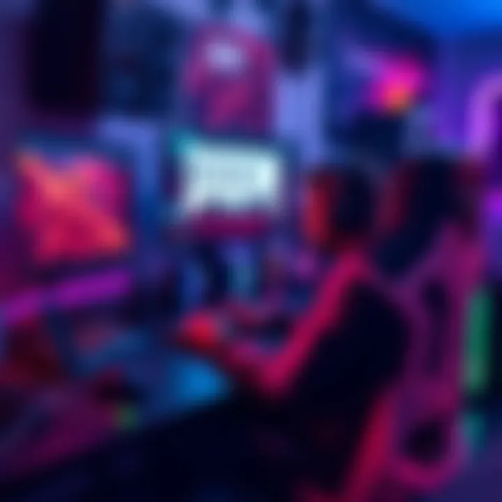 A gamer sits at a desk, focused on the computer screen while adjusting key bindings for Doom Eternal, surrounded by gaming gear and colorful LED lights.