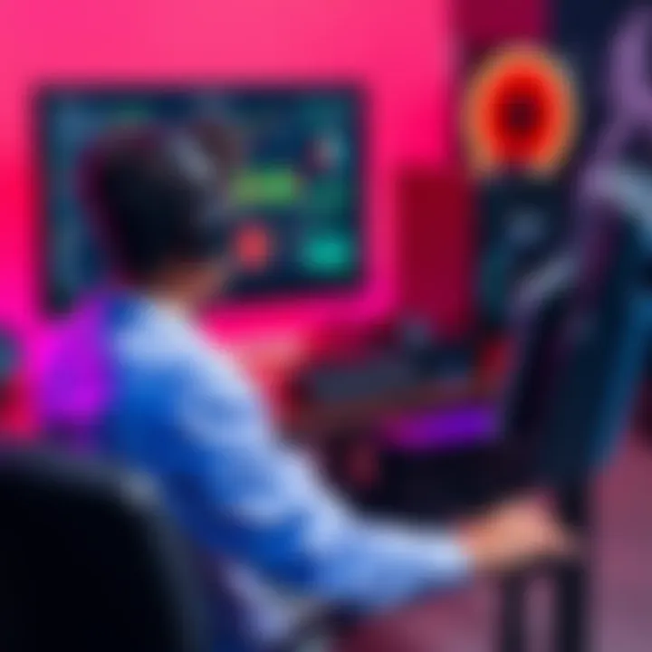 A gamer sits at a desk, focused on adjusting mouse settings on a computer. The screen displays various gaming setups and configurations.