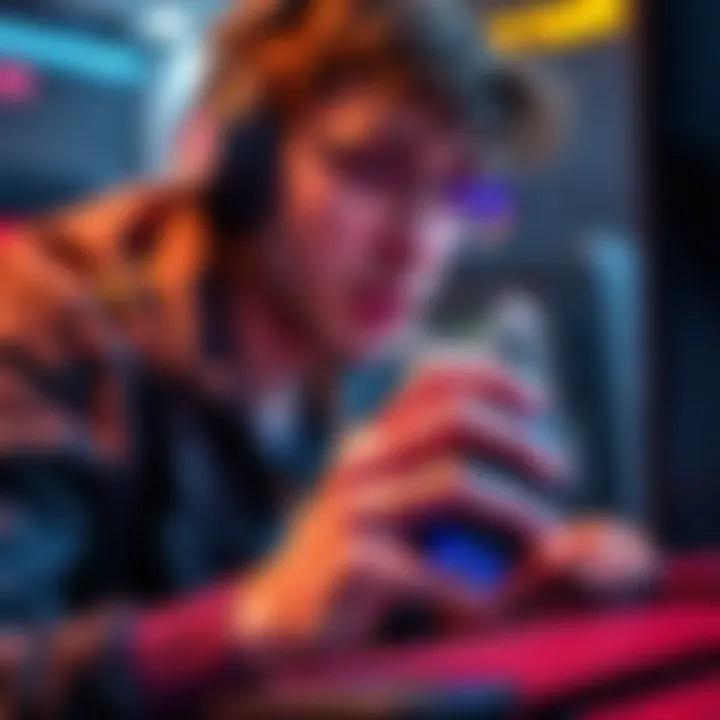 Gamer adjusting sensitivity settings A gamer focused on adjusting sensitivity settings on a gaming mouse for improved performance in FPS games like Valorant.