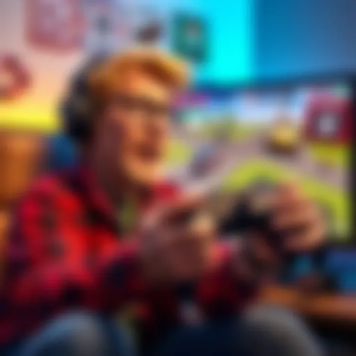 A veteran gamer holding a game controller, passionately discussing the need for regulations in Roblox, with a computer screen showing Roblox gameplay in the background.