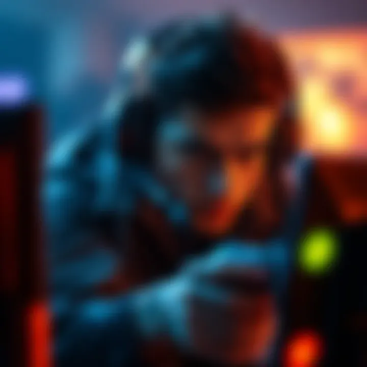 A gamer focused on the screen, showing determination while playing a survival game with aggressive strategies.