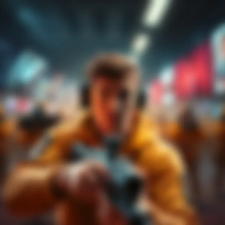 A gamer character locked in an aim animation, unable to move, with a tense look on their face, surrounded by a blurred gaming environment.