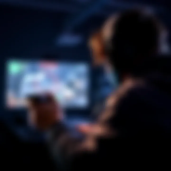 A gamer focusing on aiming at a target on screen while playing a first-person shooter