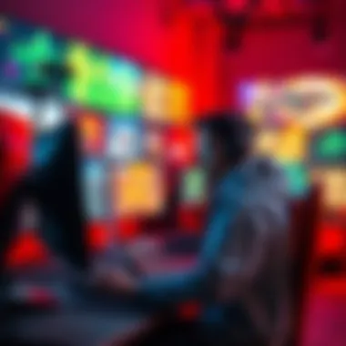 A gamer focused on aim training on a computer, with a variety of colorful gaming screens in the background